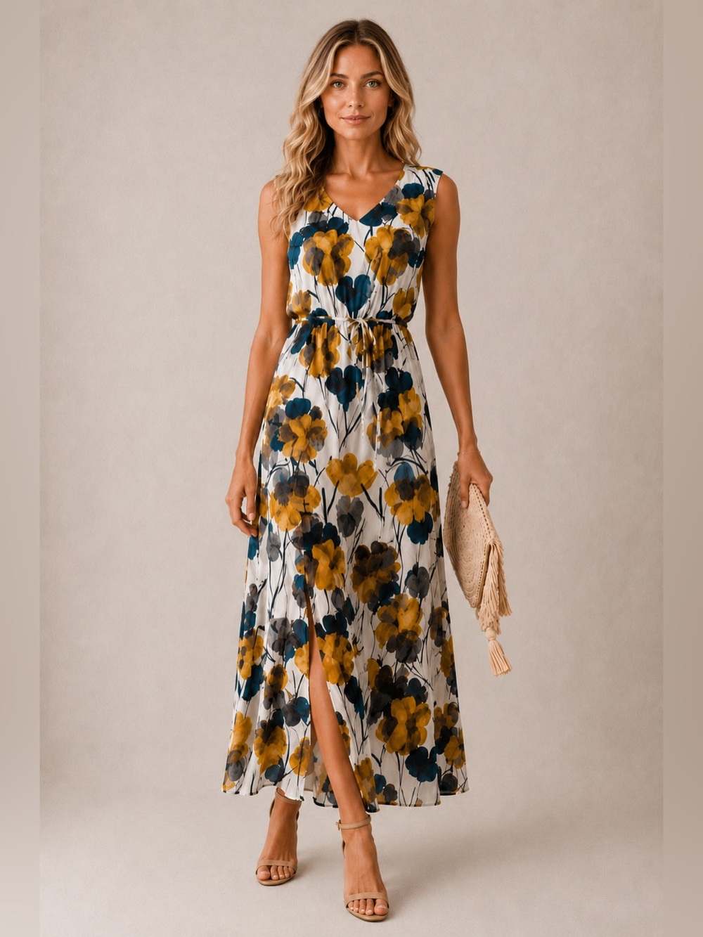 Nine West Sleeveless Floral Tie-Waist Elastic Waist Maxi Dress Large